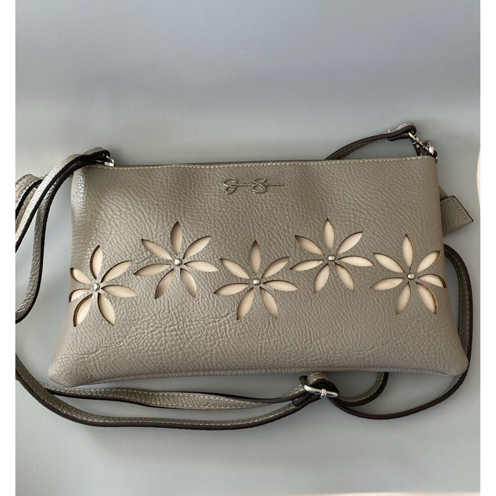 Jessica Simpson Crossbody Taupe Purse Clutch Floral Adjustable Removable Strap